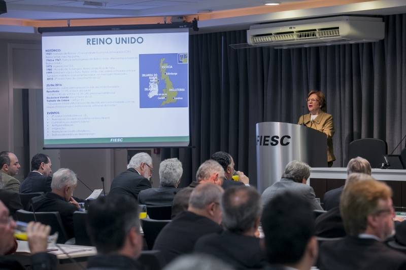 Presidente da Câmara de Comércio Exterior da FIESC, Maria Teresa Bustamante, em palestra à diretoria da instituição (foto: Fernando Willadino)